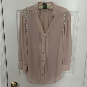 Anthropologie Blush Pink with Silver Lace Accent Blouse